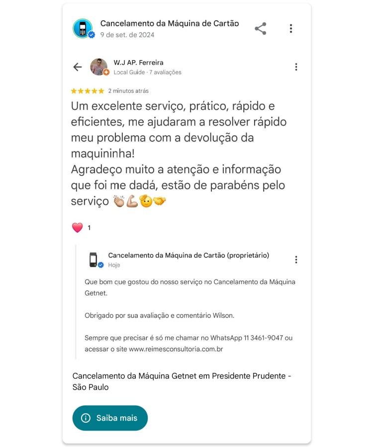 Cancelamento da Maquina Getnet em Presidente Prudente Sao Paulo