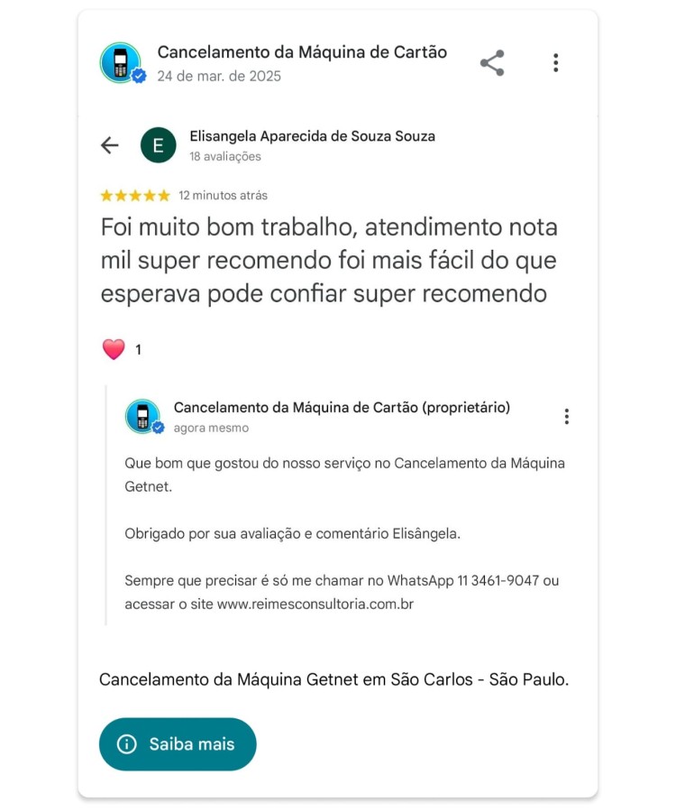 Cancelamento da Maquina Getnet em Sao Carlos Sao Paulo
