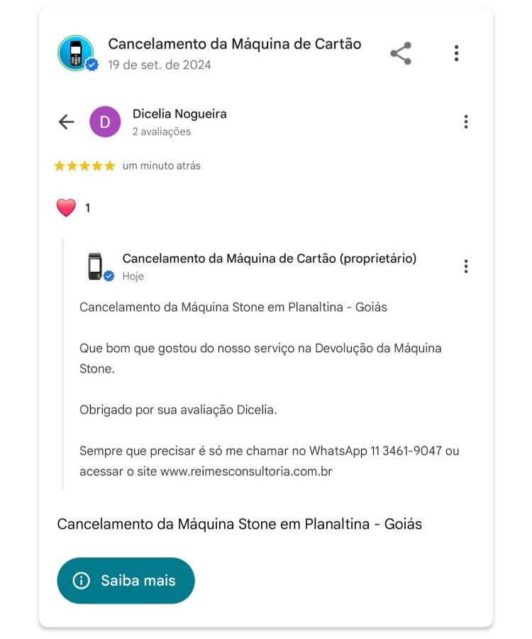Cancelamento da Maquina Stone em Planaltina Goias