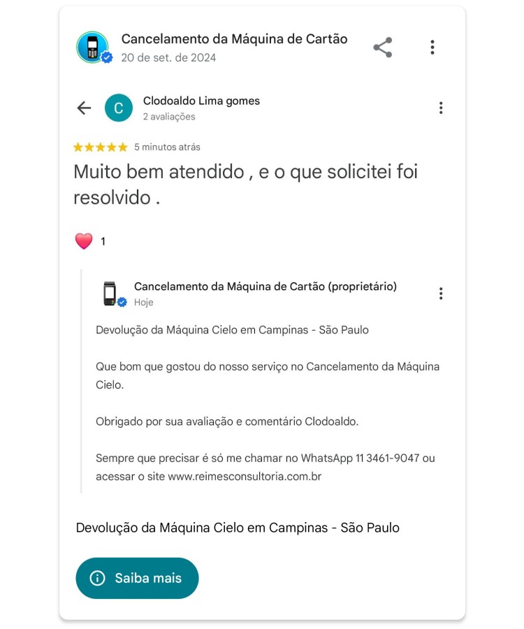 Devolucao da Maquina Cielo em Campinas Sao Paulo