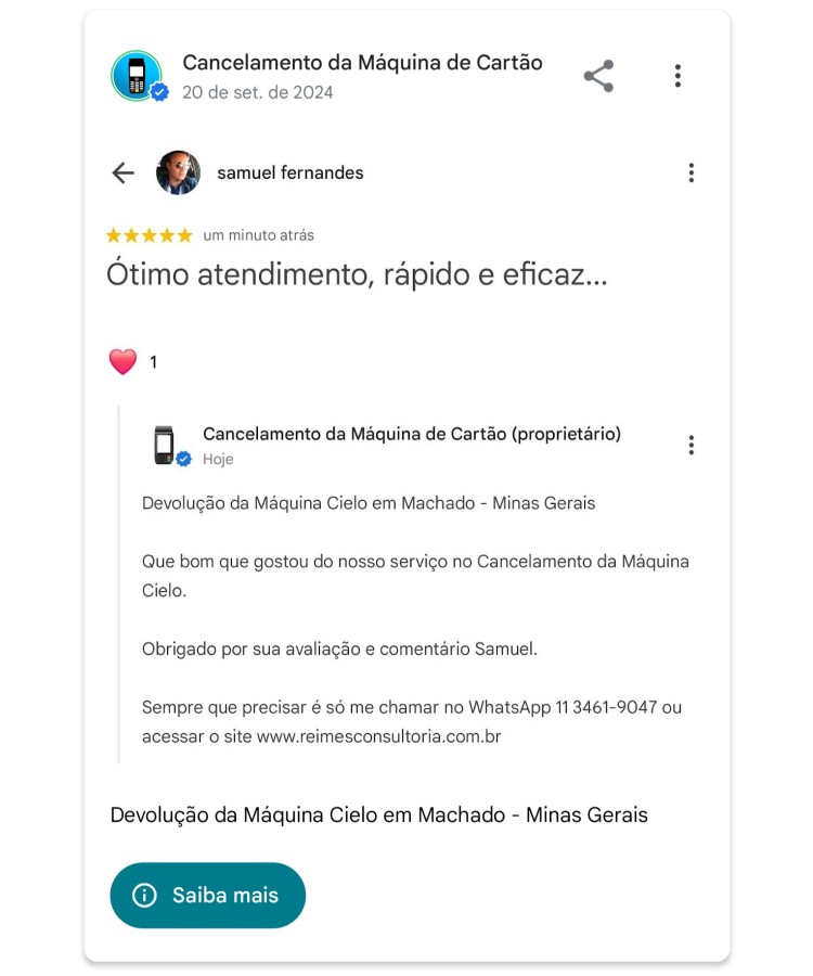 Devolucao da Maquina Cielo em Machado Minas Gerais