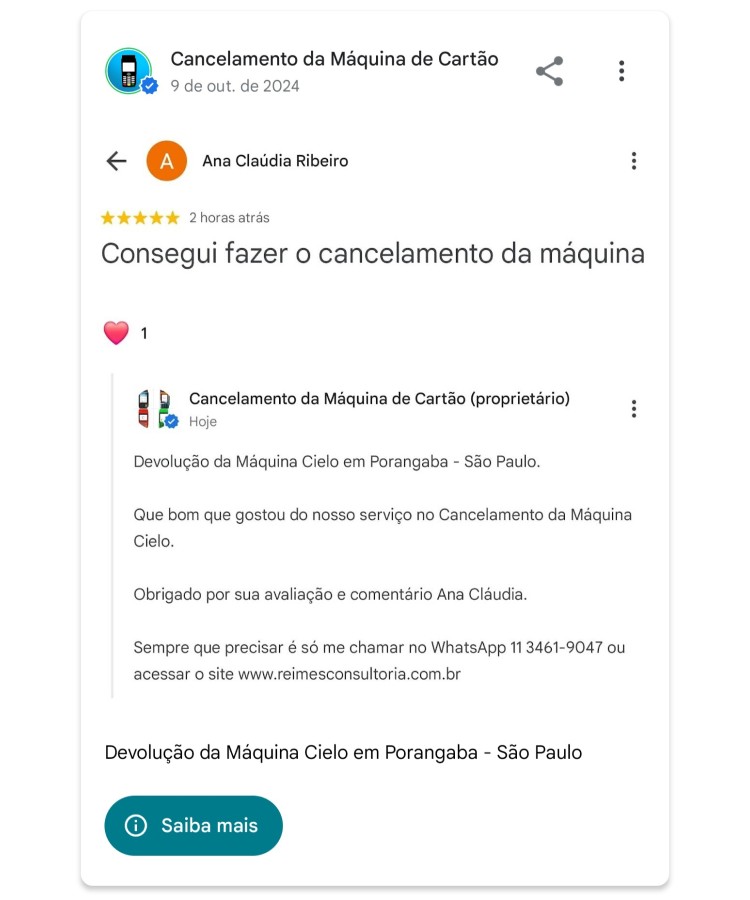 Devolucao da Maquina Cielo em Porangaba Sao Paulo