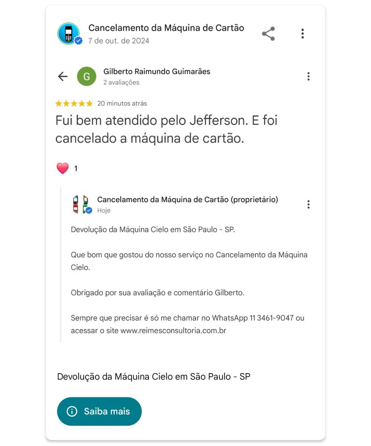 Devolucao da Maquina Cielo em Sao Paulo SP