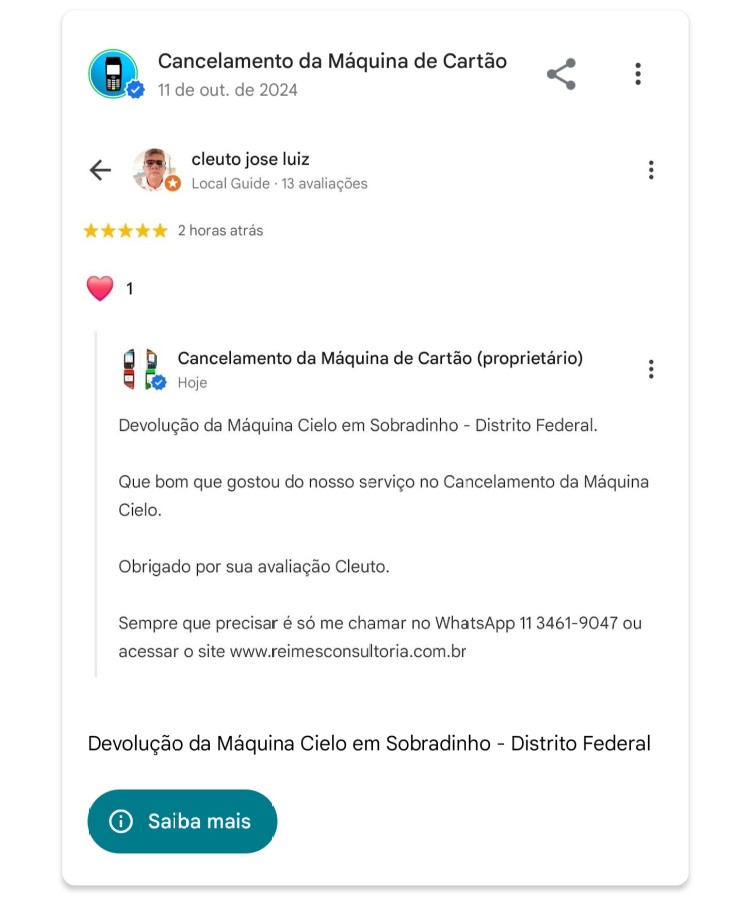 Devolucao da Maquina Cielo em Sobradinho Distrito Federal