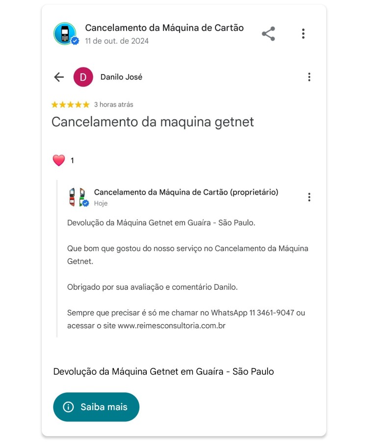 Devolucao da Maquina Getnet em Guaira Sao Paulo