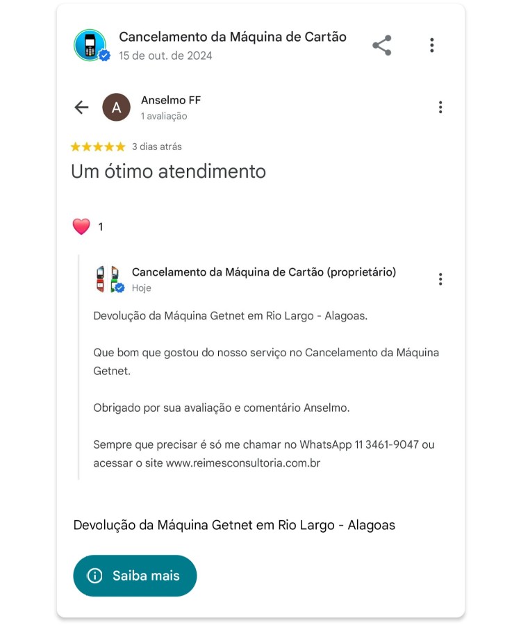 Devolucao da Maquina Getnet em Rio Largo Alagoas