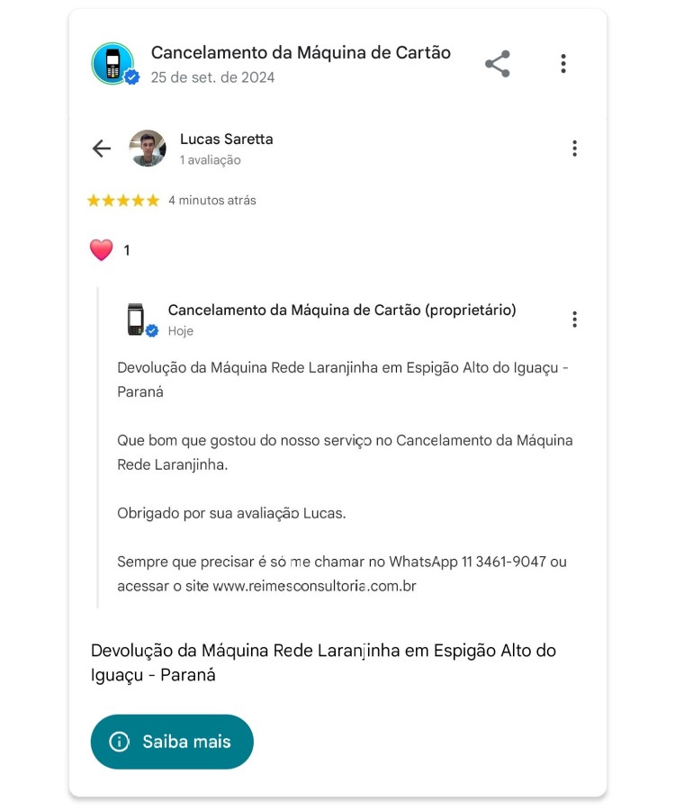 Devolucao da Maquina Rede Laranjinha em Espigao Alto do Iguacu Parana