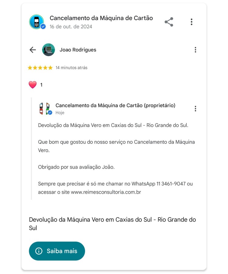 Devolucao da Maquina Vero em Caxias do Sul Rio Grande do Sul