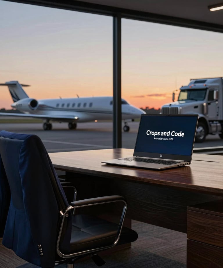 Portrait of Zoe Amber Ries working on a laptop in a rustic office surrounded by agricultural tools.