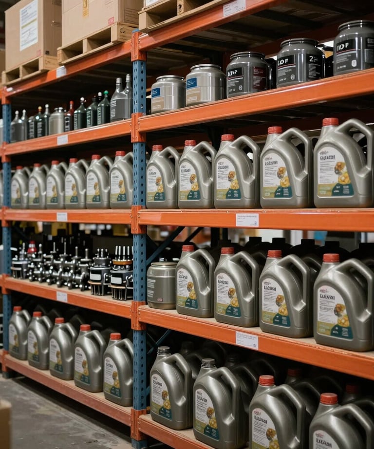 Warehouse shelves with heavy-duty engine oil and parts, perfectly organized, professional Argentine logistics center setting.