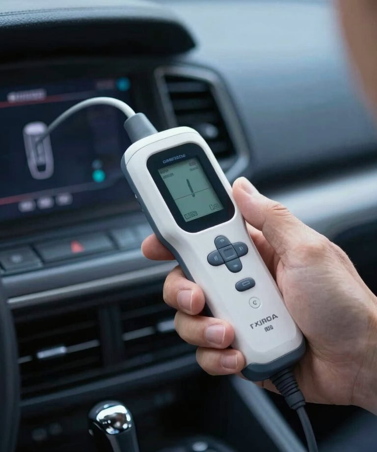 Hand holding a modern digital diagnostic tool connected to a vehicle dashboard, technical logistics photography, deep blue tones.