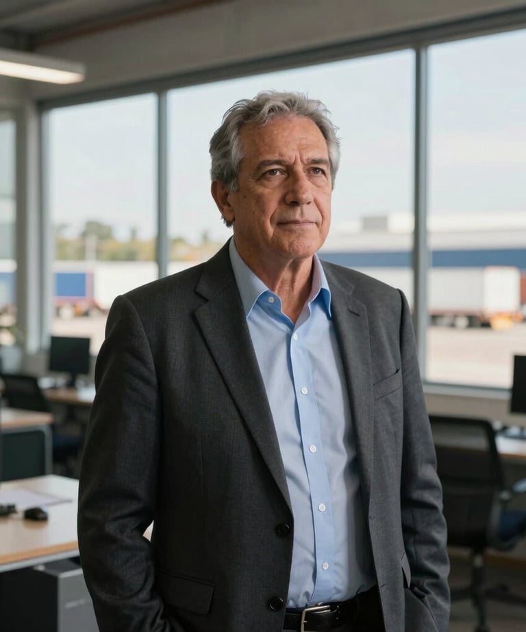 Portrait of a senior logistics professional in professional attire standing in a modern office overlooking a transportation depot, South American / Argentine setting, warm daylight.