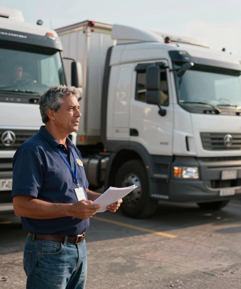 Logistics coordinator speaking with professional truck drivers in an outdoor depot, South American / Argentine context, morning light.