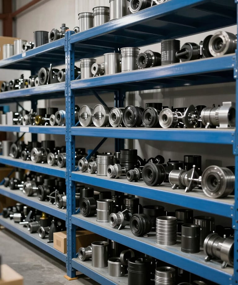 An organized logistics storage shelf with industrial spare parts, clean and well-lit, professional Argentine warehouse setting, steel blue palette.