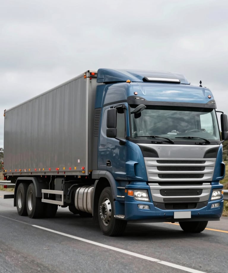 Cargo truck driving on a scenic highway in South America, professional photography, steel blue and gray color palette.