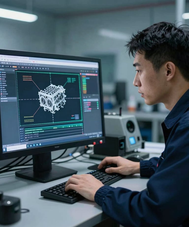 A technical specialist analyzing engine data on a specialized computer screen in a clean transport workshop, deep navy and steel blue lighting.