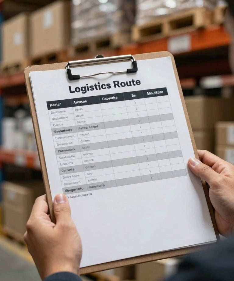 Close-up of a logistics route schedule on a clipboard held by a professional in a warehouse, South American / Argentine style.