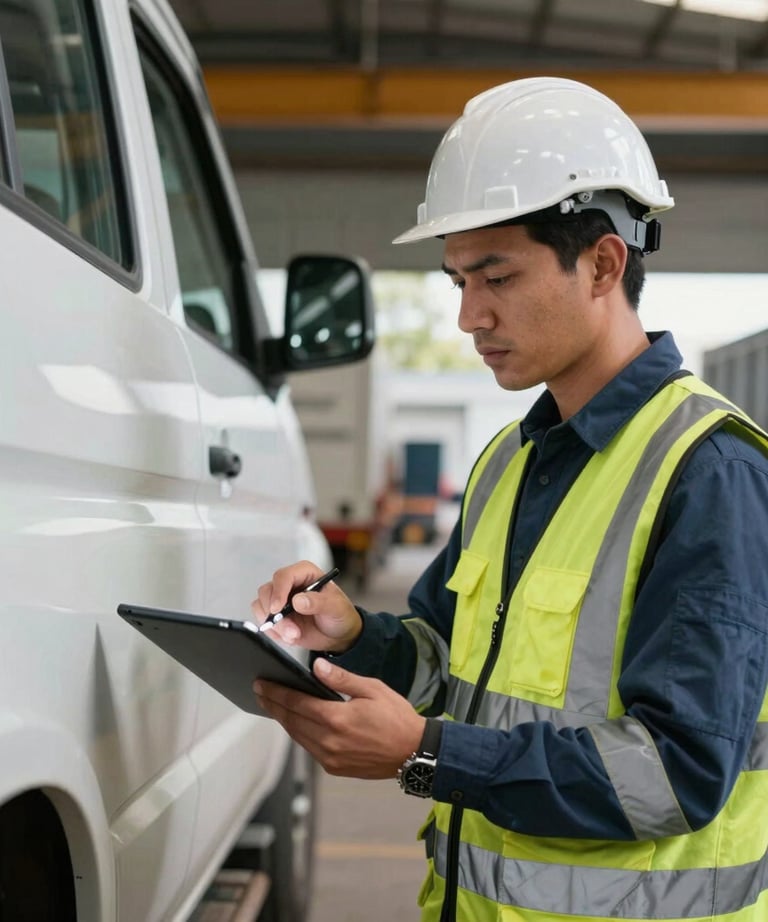 A professional engineer in high-visibility gear inspecting a vehicle with a digital tablet, South American / Argentine logistics setting, industrial background.