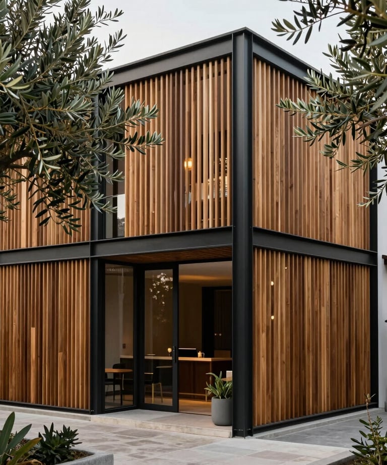 A modern boutique hotel exterior with wooden slats and black metal frames, surrounded by olive trees. Turkish Aegean coast style.