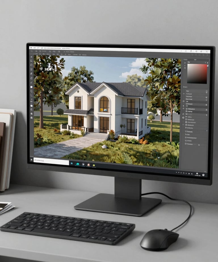 A workspace showing a large monitor with a 3D architectural render, a high-end mouse, and some material swatches in the background. Clean gray desk.