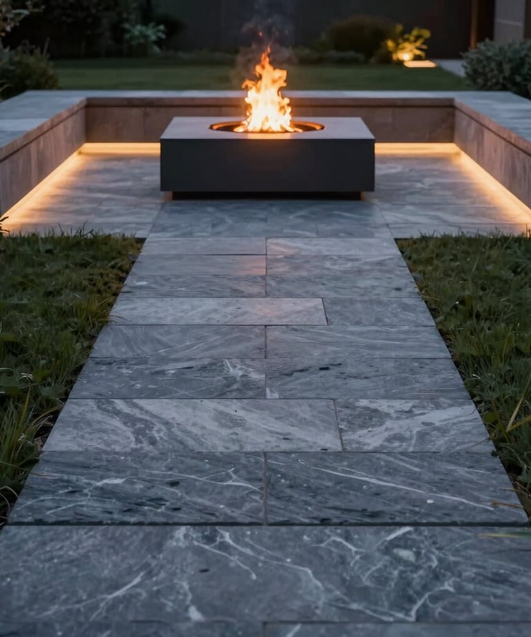 A landscape design visualization showing a modern stone path leading to a minimal outdoor fire pit at night. Elegant lighting.