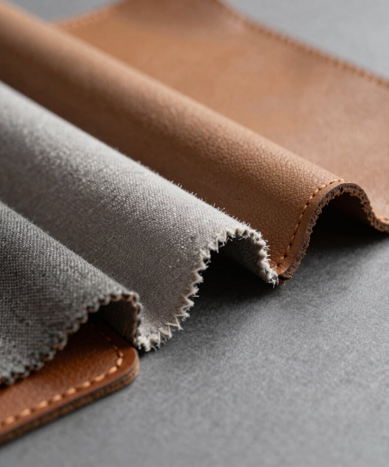 A close-up of high-quality fabric and leather samples on a gray background. Tactile and premium feel.