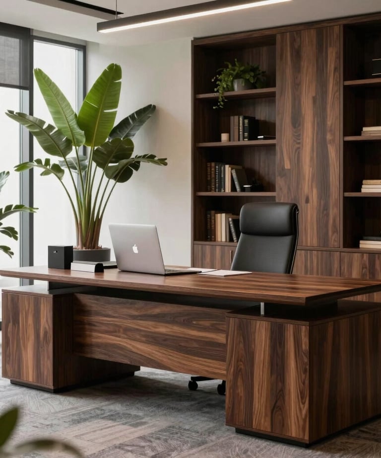 A stylish office interior in Ankara with dark wood furniture and large green plants. Professional and sophisticated.