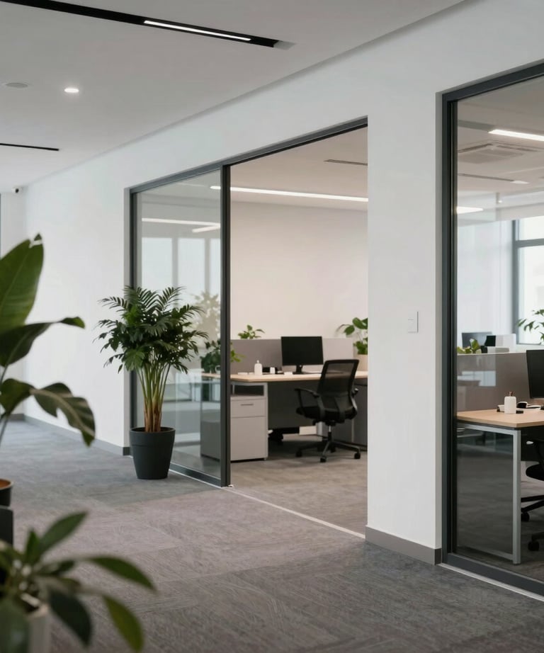 Interior of a modern office space with white walls, plants, and glass partitions. Professional Turkish business environment.