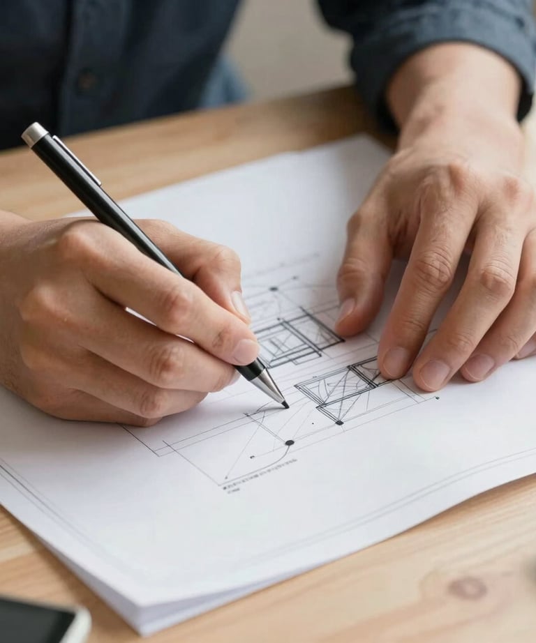 A close-up of a person's hands sketching on a blueprint with a mechanical pencil. Soft lighting on a light wood desk.