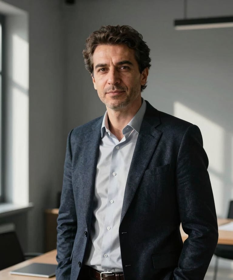 Portrait of a Turkish architect in a modern, sunlit studio with gray walls. They are dressed in smart-casual attire, looking professional and approachable.