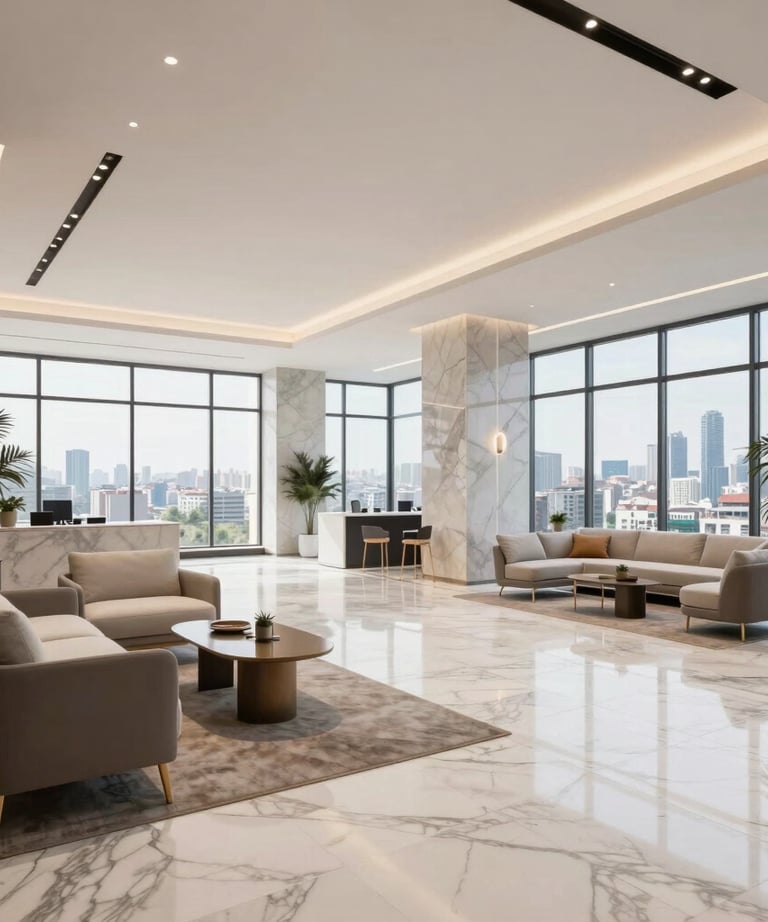 A bright and airy commercial lobby design in Istanbul. High ceilings, marble flooring, and minimalist furniture. Large windows showing a glimpse of the city skyline.