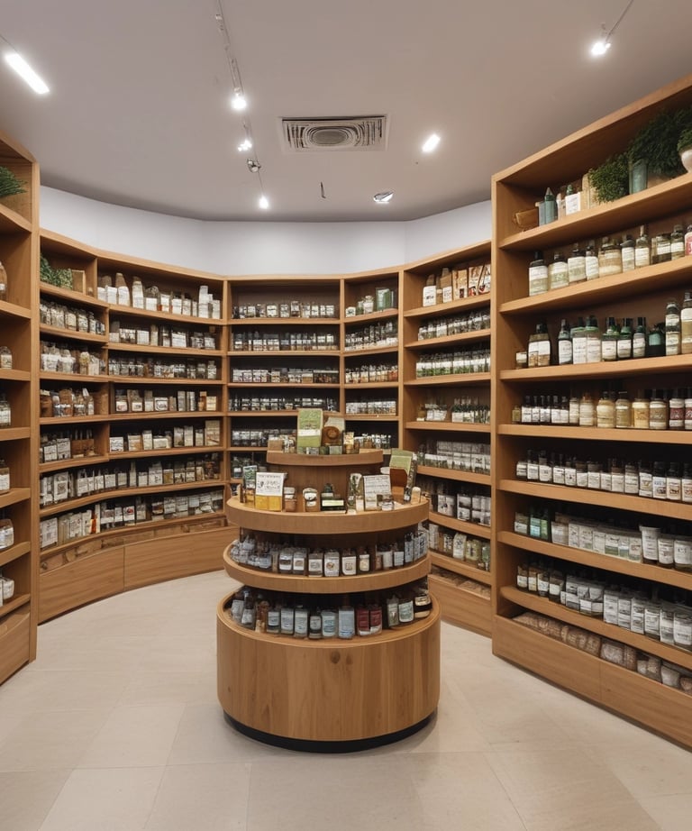 Close-up of natural products like teas, essential oils, and honey jars on display.