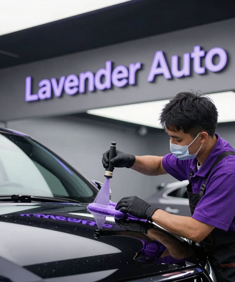 Professional car detailer at Lavender Auto using a purple brush to clean a black vehicle hood.