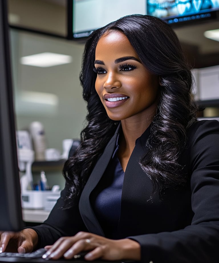 Professional happy dental office manager working on a computer in a modern office setting.
