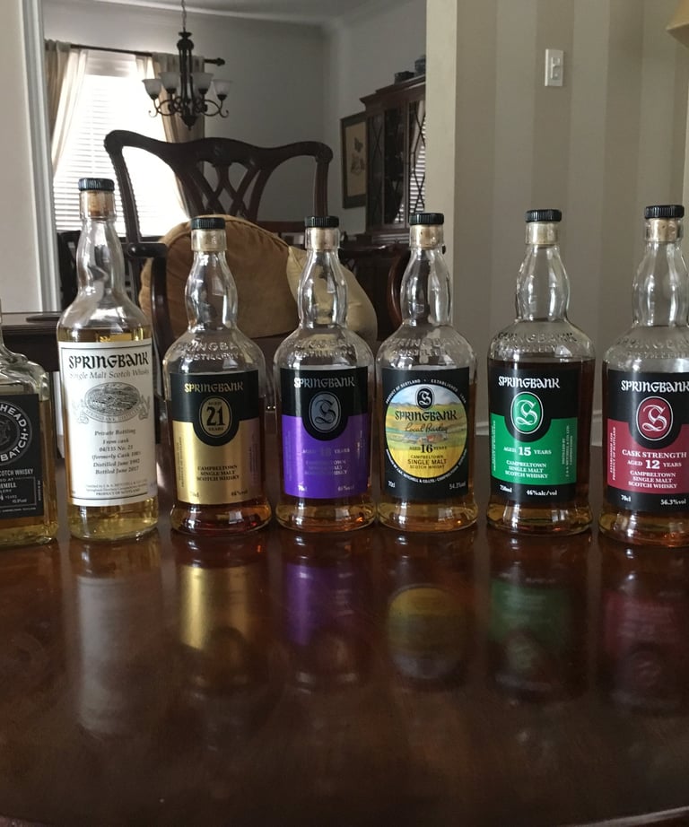 collection of Springbank whisky bottles