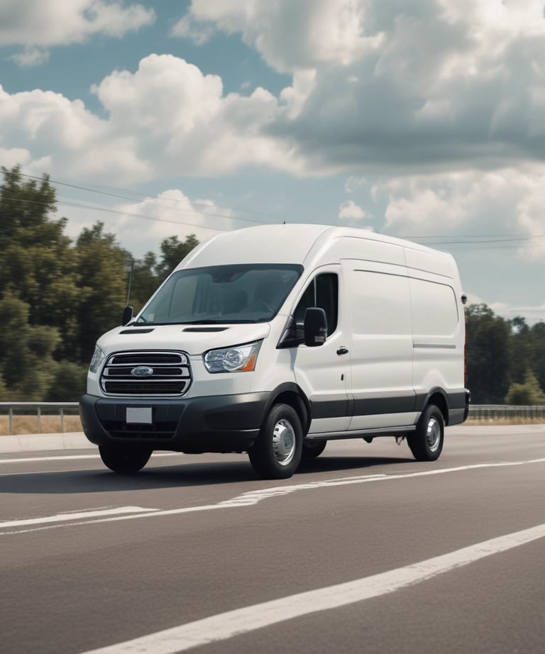 A dry van truck driving along a highway with Florida’s landscape in the background under a clear blue sky.