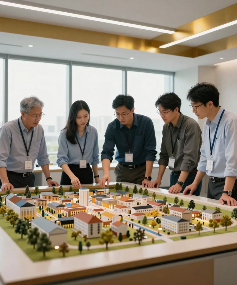 A group of North American engineers in professional gear collaborating over a large scale model in a high-tech office with burnished gold accents and large windows.