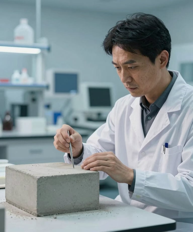 A cinematic shot of a modern laboratory setting where a material scientist is testing concrete strength. The setting is sterile and technical, using mist blue and off-white tones.