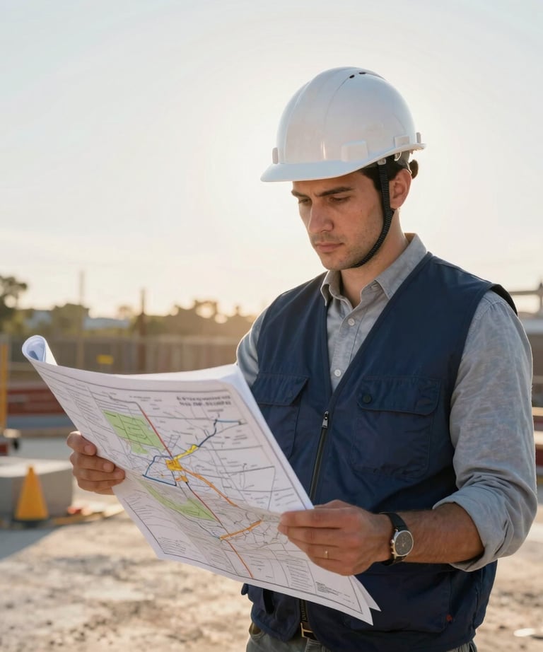 Portrait of a professional engineer in a white hardhat and navy blue vest at a North American project site. They are looking over a complex site map with confidence and reliability, backlit by evening sun.