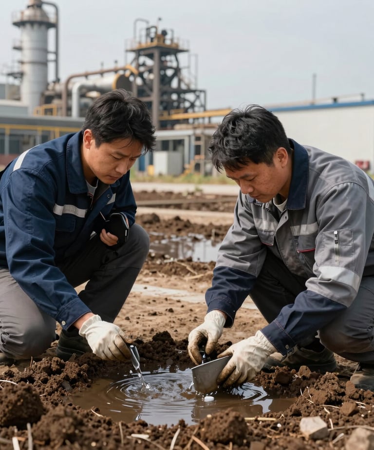 A professional environmental engineer taking water and soil samples at a large-scale industrial site in North America. They are wearing professional field gear in deep navy and steel grey.