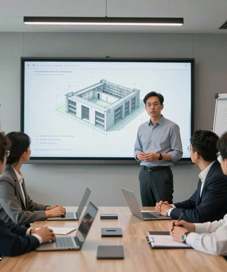 A modern North American office meeting room where a project manager is presenting a 3D structural simulation on a large screen to a board of stakeholders. Professional and reliable atmosphere.