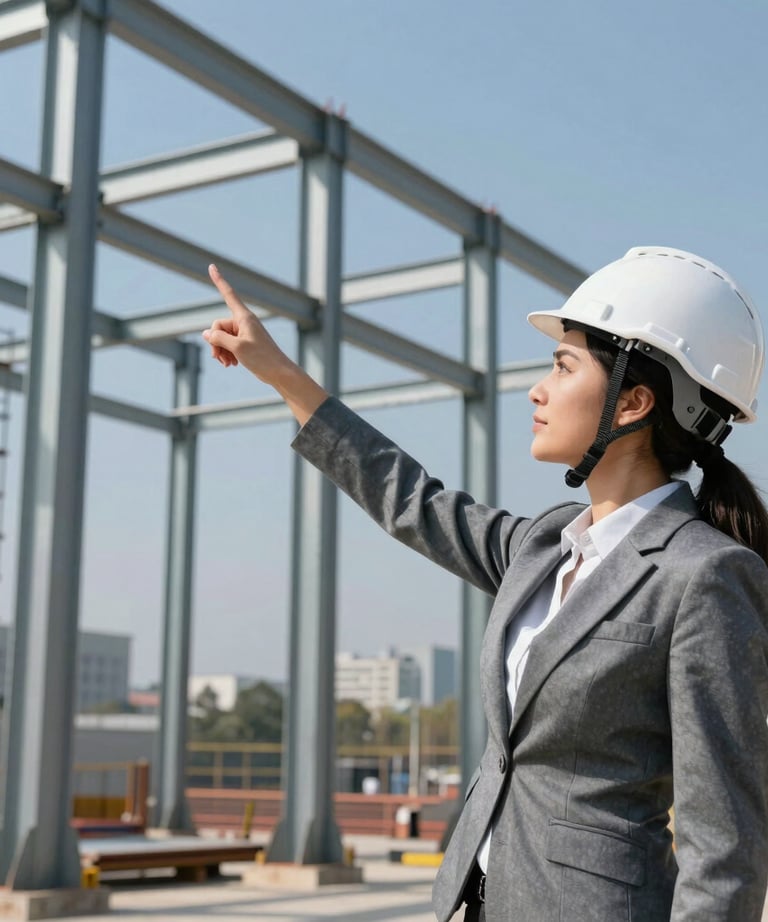 Professional female engineer in a steel grey suit and white hardhat at a North American urban development site, pointing toward a rising steel framework during a clear, bright day.