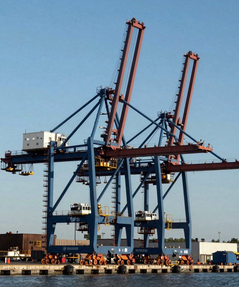 A wide shot of a North American industrial port with massive cranes and loading structures, engineered for maximum efficiency. High-contrast lighting highlights the steel blue and deep navy tones.