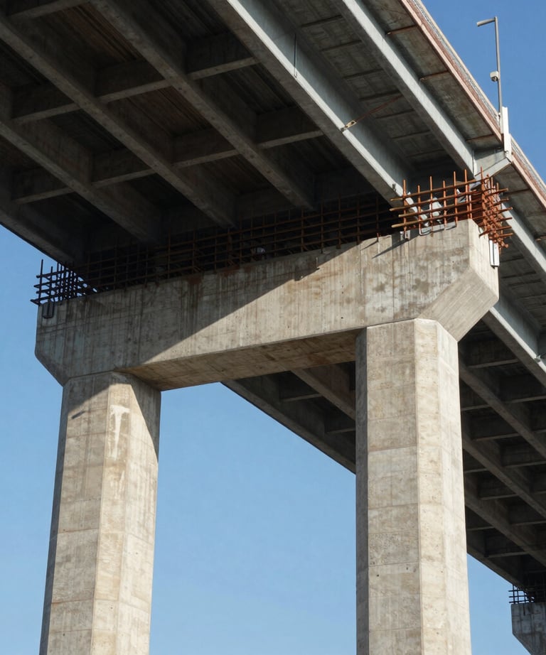 A detailed photograph of a North American bridge support structure featuring massive concrete pillars and steel reinforcements. The lighting is crisp, showing the textures of high-grade construction materials under a steel blue sky.