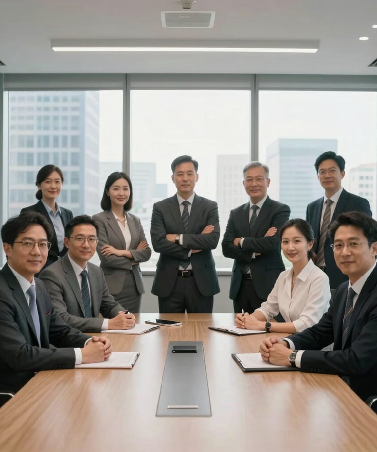 Professional engineering group photo in a modern North American boardroom. They are wearing professional attire, exuding confidence and reliability, backlit by city views.