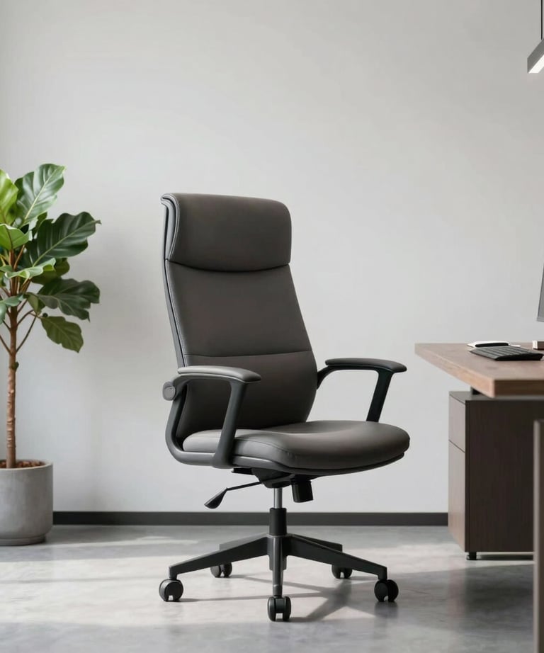 A minimalist office setting with a single plant and a high-end designer chair, evoking a sense of calm and professional order.