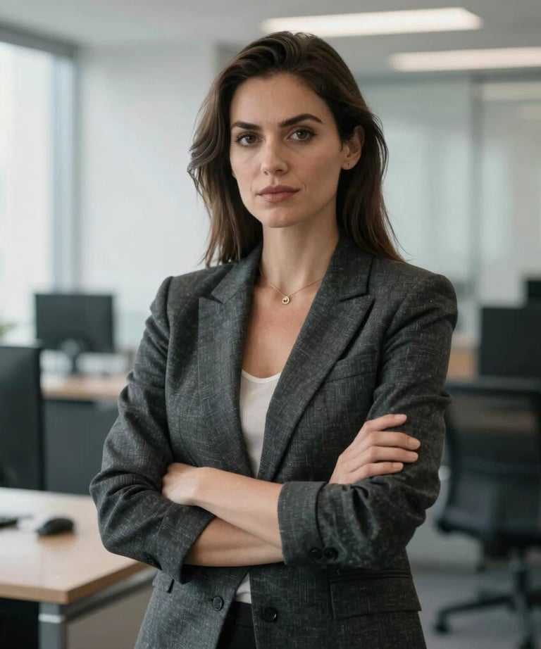 A professional portrait of a woman in a charcoal blazer in a bright, modern North American office. She looks confident and approachable.