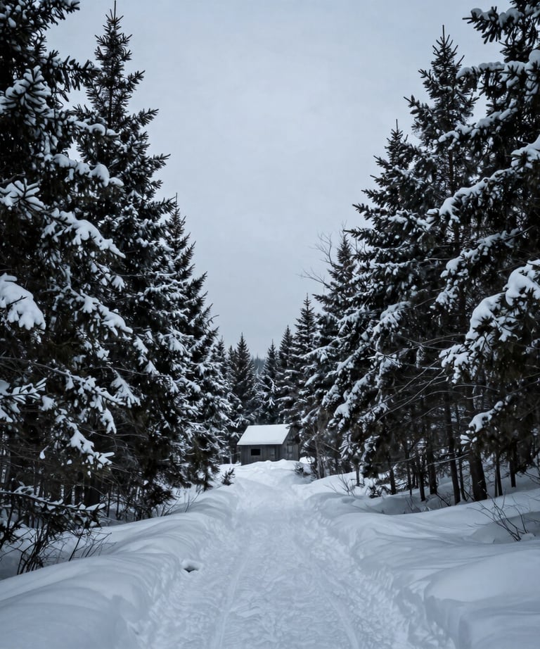 A wide-angle landscape shot of a snowy North American forest with a very minimalist cabin visible in the distance. Cool tones, moody lighting.