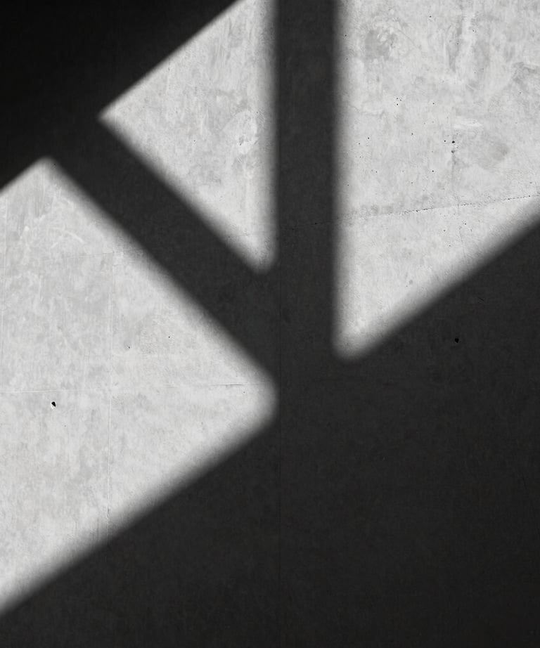 A high-contrast black and white photograph of architectural shadows on a smooth concrete wall. Abstract and editorial.