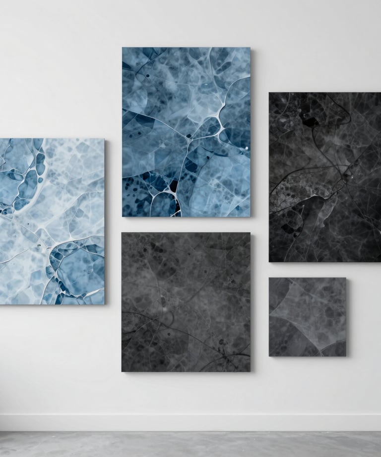 A clean, bright studio space with mood boards featuring ice blue and deep charcoal textures. The composition is modern and inspiring.